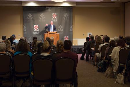Harold See, former Justice of the Alabama Supreme Court and Professor of Law at Belmont University, speaks during the Department of Political Science's Constitution Day Lecture.  - Photo by Lynn Tucker