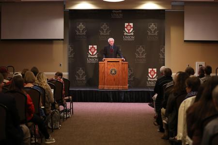 Cold War historian Melvyn Leffler delivers his afternoon lecture during the 22nd annual Carls-Schwerdfeger History Lecture. - Photo by Kristi McMurry Woody