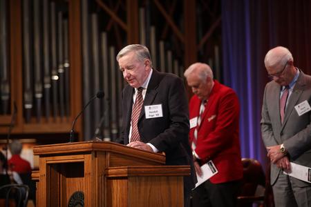 Randall Page ('69) closes Homecoming Chapel in prayer.  - Photo by Kristi McMurry Woody