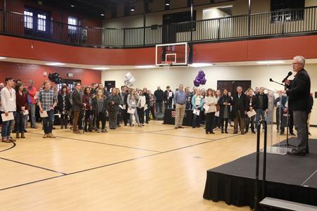 Robbie Graves (far right), assistant vice president for undergraduate admissions, welcomes guests to Scholars of Excellence weekend. - Photo by Sarah Palmer Goff
