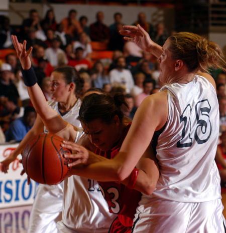 Stephanie Clark (33) gets double teamed during a Union win over Vanguard in the Elite Eight of the NAIA Women's National Tournament. - Photo by Morris Abernathy