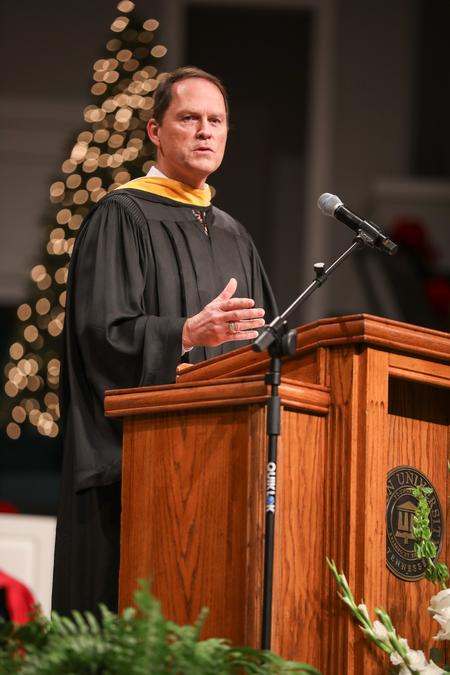 Gary Carter, Special Assistant to the President, delivers the commencement address during fall graduation. - Photo by Kristi McMurry Woody