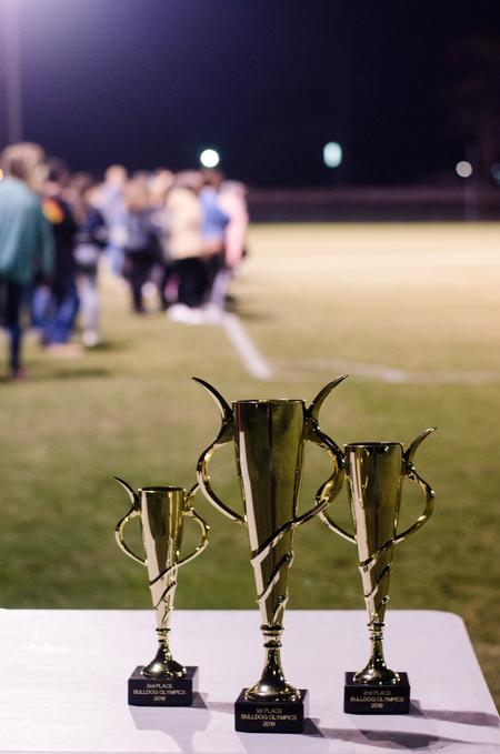 The trophies for Bulldog Olympics sit waiting to be awarded during Homecoming 2019. - Photo by Jess Newendyke