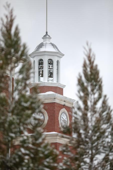 Miller Tower dusted with snow. - Photo by Kristi McMurry Woody