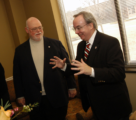 President Dockery fellowships with former Trustee Polk Glover at a dedication ceremony in the Eldon Byrd Faculty Lounge.  Polk had recently donated new furnishings in the lounge in memory of his wife Polly. - Photo by Morris Abernathy