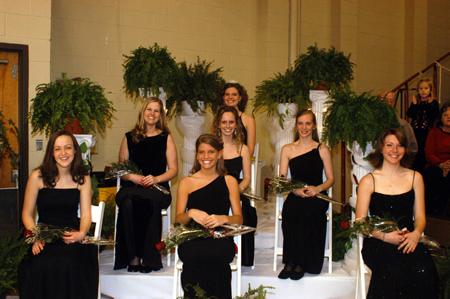 In addition to the queen, Lauren Oldham, a senior marketing major from Martin, Tenn., the 2005 Homecoming Court consisted of (front row) junior Brooke Fowler, a biology major from Jackson, Tenn.; sophomore Steffanie Grisham, a psychology and family studies major from Bartlett, Tenn.; freshman Rebekah Bothwell, a psychology major from Paw Paw, Mich.; (second row) senior Kristin Ulmer, a December graduate in public relations from Old Hickory, Tenn.; senior Lindsey Grace Brown, a learning foundations major from Olive Branch, Miss.; and senior Katie Murphy, a Christian studies major from Humboldt, Tenn. - Photo by Morris Abernathy