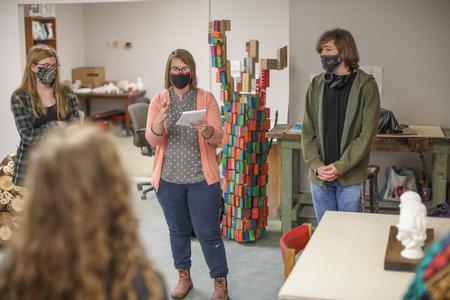 10/20/20 - Paige Ward, instructional art staff, leads a sculpture critique as part of a cross-discipline project with the engineering department. - Kristi McMurry Woody