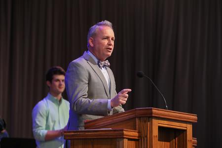 Dub Oliver, president of the university, speaks in chapel. - Photo by Sarah Palmer Goff