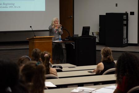 Artist Sandra Bowden gives her gallery lecture in Harvey Auditorium. - Photo by Naomi Mengel