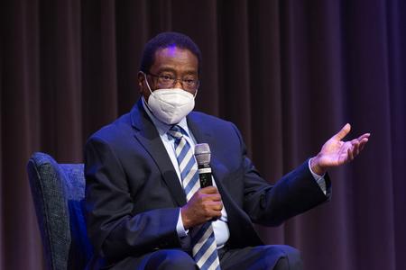 Frank Anderson, director of the Center for Racial Reconciliation, participates in a panel during chapel. - Photo by Naomi Mengel
