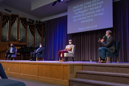 Dub Oliver, Frank Anderson and Katrina Bazzoli sit on a panel discussion moderated by Todd Brady during chapel. - Photo by Naomi Mengel