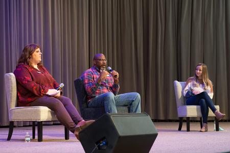 Guests from Birth Choice sit on a panel in chapel. - Photo by Naomi Mengel