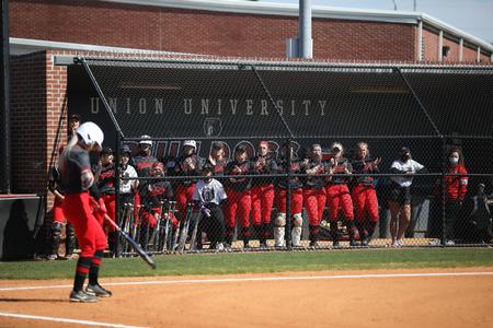 The Lady Bulldogs softball team cheers on their teammate during a game against Auburn University Montgomery. - Photo by Kristi McMurry Woody