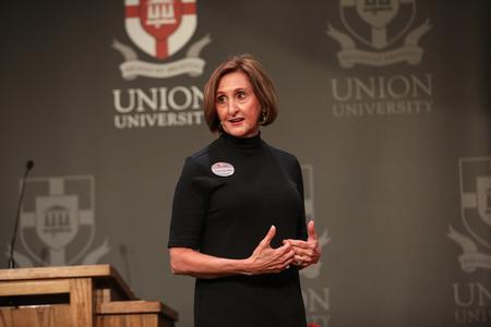 Trudy Cathy White speaks at the Faith in the Marketplace luncheon hosted by the McAfee School of Business. - Photo by Kristi McMurry Woody