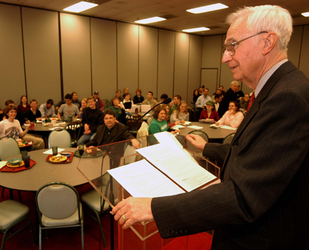 Author and theologian Millard Erickson lectured in conjunction with the Scholar-in-Residence Program this spring.  Here he presented his lecture  entitled "Can Theology Learn Anything from History?" to a roomful. - Photo by Morris Abernathy