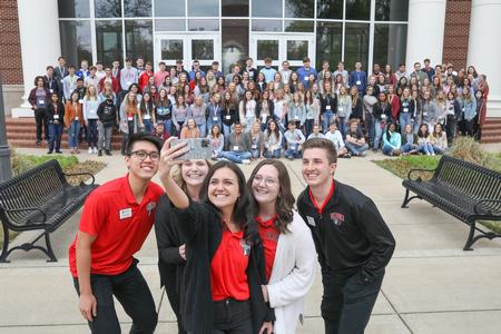 Student ambassadors take a selfie with the Class of 2025 during Accepted Student Day. - Photo by Kristi McMurry Woody