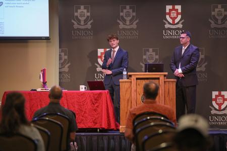 Michael Drury and Tobey Taylor give their final engineering presentation during the Scholarship Symposium. - Photo by Kristi McMurry Woody