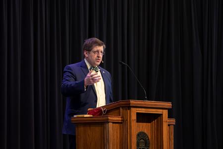 Ray Van Neste, dean of the School of Theology and Missions, speaks in chapel. - Photo by Joey Echeverria