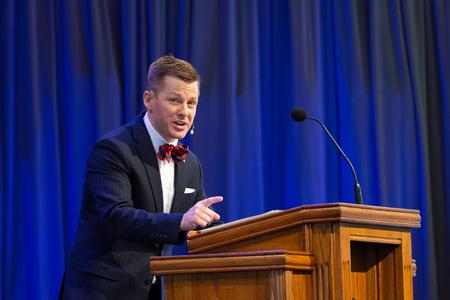 Eric Smith, senior pastor of Sharon Baptist Church in Savannah, TN, speaks in Founders' Day Chapel. - Photo by Naomi Mengel