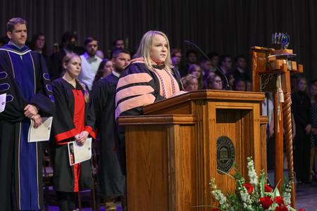8/20/21 - Jennifer Delk, associate professor of nursing and chair for undergraduate programs, reads scripture in Convocation. - Kristi McMurry Woody
