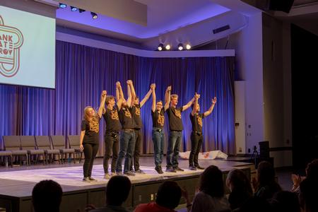 Members of Blank Slate Improv take a bow at the conclusion of their show in the chapel. - Photo by Cade Smith