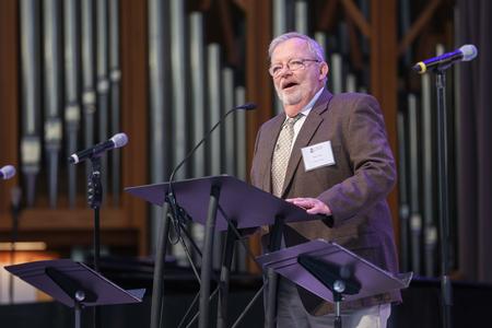 Ken Cox, class of 1972, speaks in Homecoming chapel for his 50 year reunion. - Photo by Kristi McMurry Woody