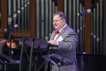 Gary Williams, class of 1971, gives the benediction at the conclusion of Homecoming chapel. - Photo by Kristi McMurry Woody