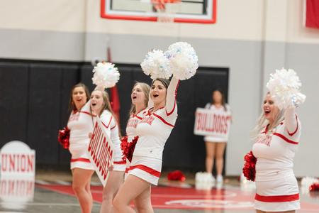 Union cheerleaders get the crowd excited for the Homecoming 2021 basketball game. - Photo by Kristi McMurry Woody