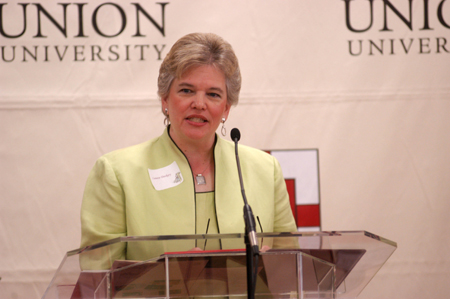 First Lady Lanese Dockery opens the program at the Spring Luncheon for the Women's Auxiliary. - Photo by Morris Abernathy