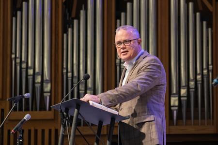 Todd Brady, vice president for university ministries, speaks in chapel. - Photo by Abigail Aspinwall