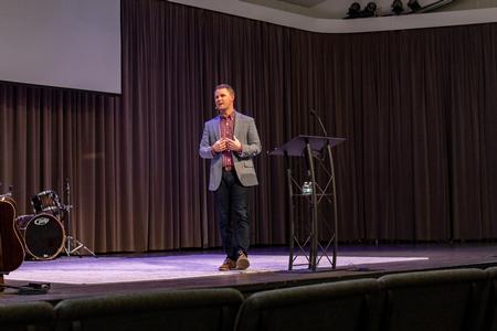 Brandon James, UU alumnus and pastor of Green Hill Church in Mt. Juliet, Tenn., leads a chapel service. - Photo by Lyla Dietz