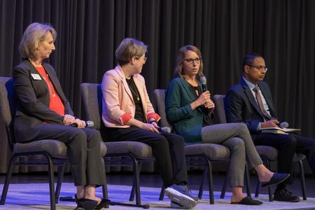 4/22/22 - Renee Dauer, Beth Madison, Kim Jones, and Santhosh Abraham discuss being salt and light in the workplace during chapel. - Abigail Aspinwall