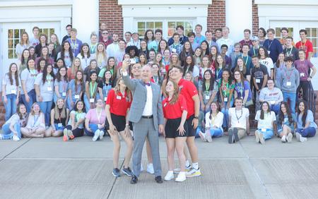 Union president, Samuel W. "Dub" Oliver, takes selfie with future Union students and student ambassadors at Accepted Student Day 2022. - Photo by Blake Barnes