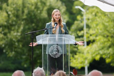 Danielle Popson, economics major, speaks during Union's groundbreaking ceremony to begin construction on a 40,000-square-foot academic building that will house the McAfee School of Business and the departments of computer science and engineering.