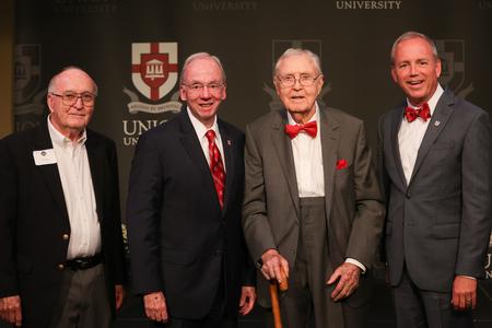 Union University’s three most recent presidents — Hyran Barefoot, David Dockery and Samuel W. “Dub” Oliver — and Bob Agee participate in a special panel discussion at the Legacy Luncheon, part of Union’s bicentennial kick-off celebration. - Photo by Suzanne Rhodes