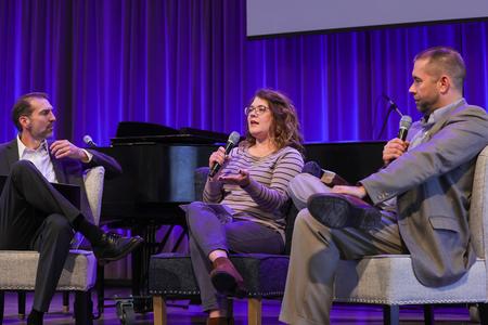 Tim Ellsworth, associate vice president for university communications, and his wife, Sarah, were interviewed during a chapel service by Lee Tankersley, pastor of Cornerstone Community Church. - Photo by Suzanne Rhodes