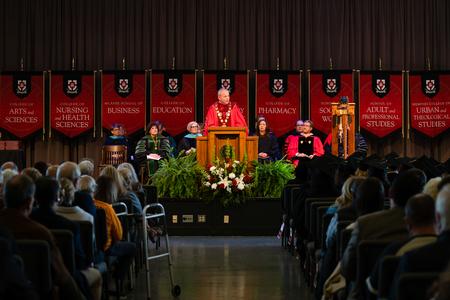 President Dub Oliver gives the commencement address  during fall graduation. Oliver's address to the 214 total graduates during two separate ceremonies was a version of Joseph H. Eaton's remarks to the first graduating class of Union University in Murfreesboro in the mid-1800s. - Photo by Kristi McMurry Woody