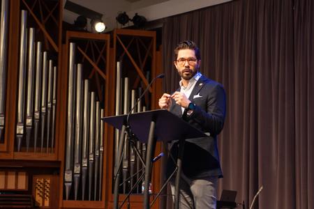 Jacob Shatzer, associate provost and professor of theological studies, spoke during a Restoration & Reconciliation chapel service. - Photo by Lauren Steed