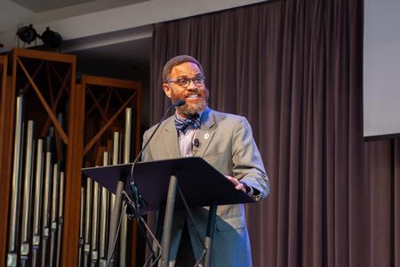 Logan Hampton, president of Lane College, spoke during a Restoration & Reconciliation chapel service. - Photo by Lauren Steed