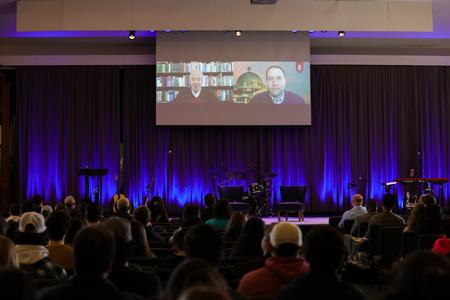David Dockery, president of Union from 1996-2014, joined Tim Ellsworth, associate vice president for university communications, through a video interview during a special bicentennial chapel service, featuring interviews with each living Union president. - Photo by Suzanne Rhodes