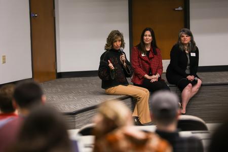 2/27/23 - Karen Miller (left), interim dean and director of accounting, speaks to students during the McAfee School of Business' first Data Summit. April Rowsey (center) and Frances Lancaster (right) were also on the panel. - Suzanne Rhodes