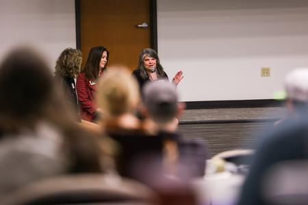 2/27/23 - Frances Lancaster, Union's business analyst, speaks to students during the McAfee School of Business' first Data Summit. Karen Miller and April Rowsey also served on the panel. - Suzanne Rhodes