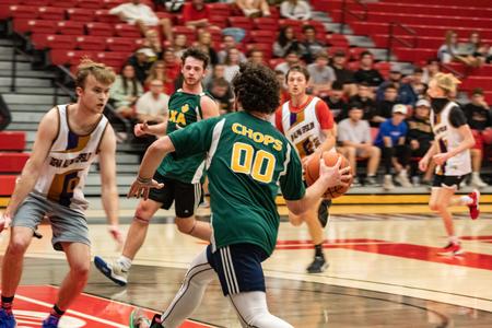 2/27/23 - Students from the Lambda Chi Alpha and Sigma Alpha Epsilon fraternities compete for the coveted Intramural Basketball Championship. Lambda Chi Alpha came out on top for this matchup. - Lyla Dietz