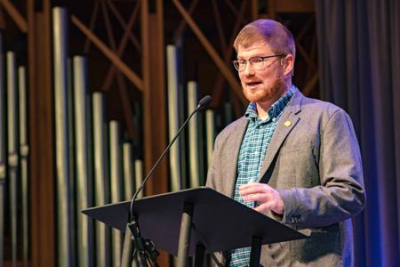 3/17/23 - Joe Ball, Director for Discipleship and Ministry, speaks in a Word Series chapel from Mark 1:14-3:6. - Lyla Dietz