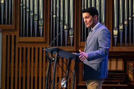 3/31/23 - Matthew Albanese, assistant professor of biblical studies, speaks in a Word Series chapel from Mark 11:1-13:37. - Lyla Dietz