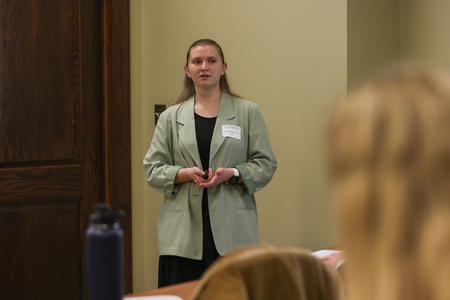Biology major Katherine Askins presents at the 2023 UUSS on "Wetland Restoration Comparison of New Channels in Rossville Mitigation Site Versus Wolf River." - Photo by Eli Creasy