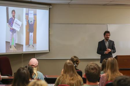 Art major Daniel Howe presents "Guess Who: Designing Characters" during the 2023 UUSS. - Photo by Eli Creasy
