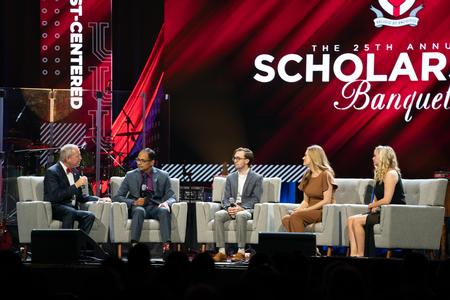 10/24/23 - President Dub Oliver leads a panel discussion with representatives from the McAfee School of Business community during the 25th Annual Scholarship Banquet. Represented on the panel were Santhosh Abraham, associate professor of accounting; Evan Thompson, current accounting major; Colene Trent, associate professor of economics; and Jennifer Tibbs, economics alumna. - Kristi McMurry Woody