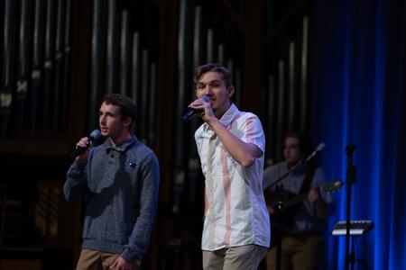 Members of the Worship Lab (Ethan King and Isaac Reid) lead in worship during the fall Worship Choir Concert. - Photo by Kristi McMurry Woody