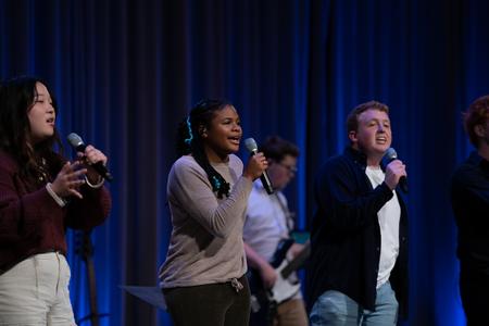 Members of the Chamber Worship Ensemble 1 (Sara Besse, Meg McGaha, and Christian Wade) lead in worship during the fall Worship Choir concert. - Photo by Kristi McMurry Woody